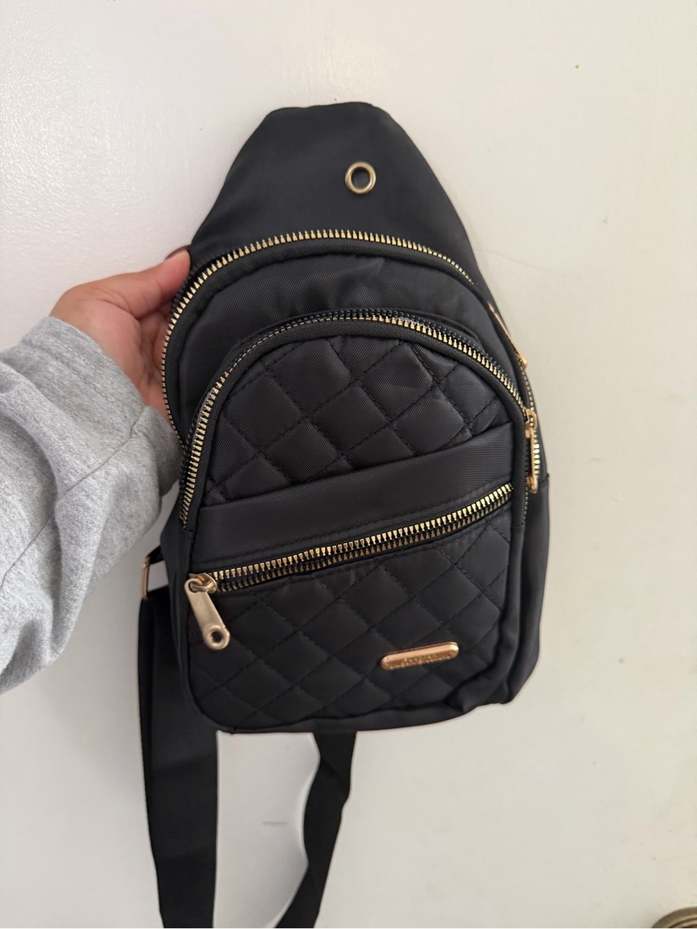 Black Quilted Crossbody Sling Bag with Gold Hardware